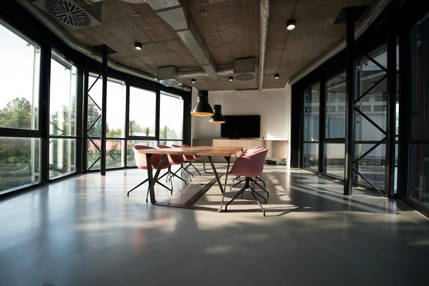 Office table with folders and workstations